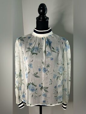 NWOT French Connection Floral Pleated LongSleeve Sheer Top w/Contrast Rib Collar